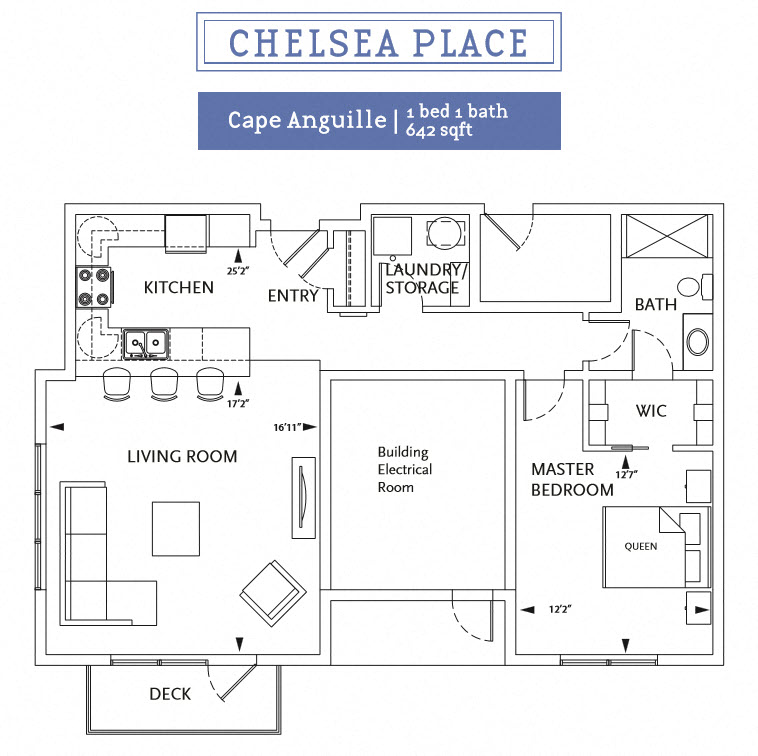 Floor plan for 1 bed, 1 bath, 626 sqft
